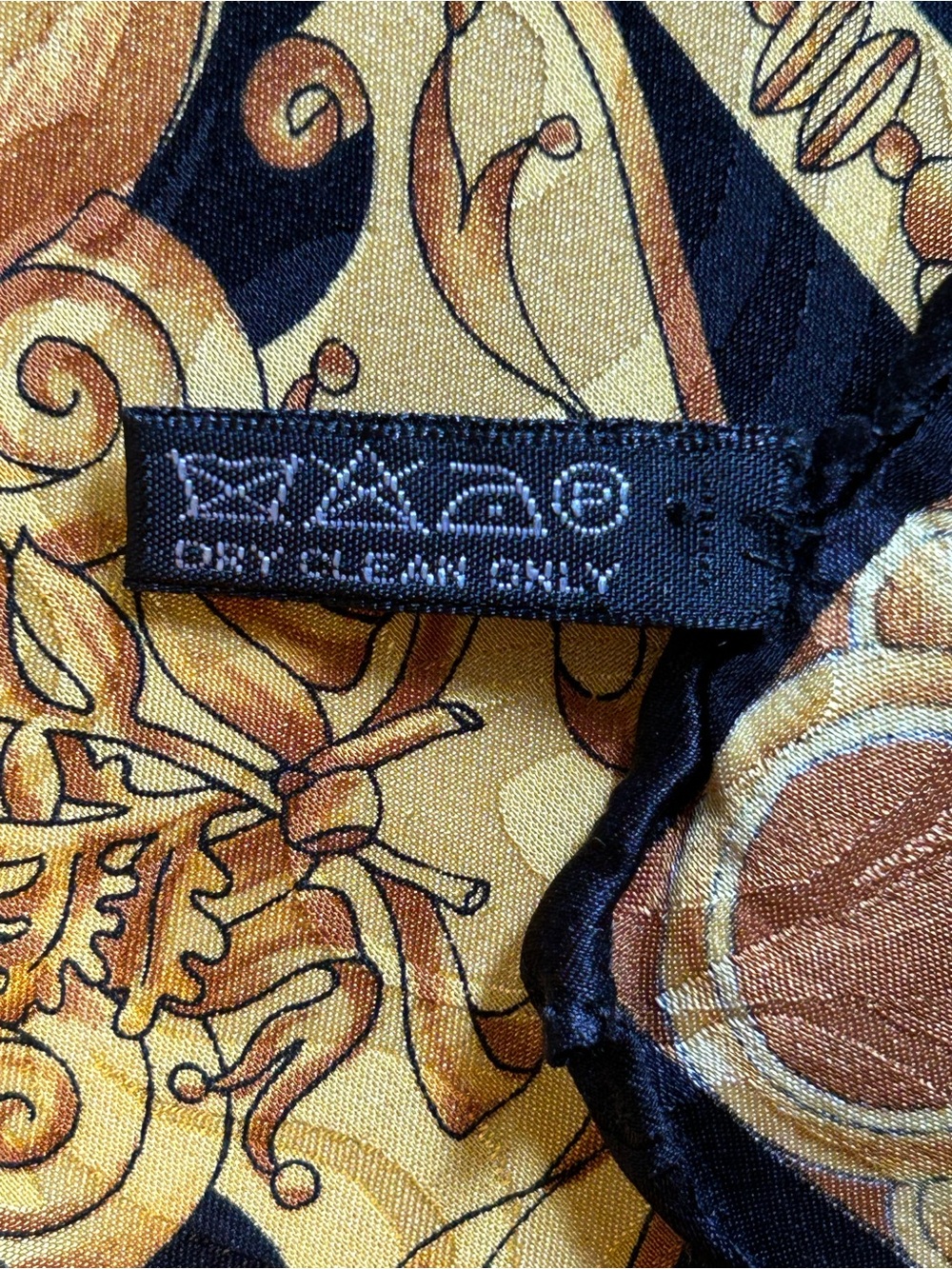 Vintage Italian Silk Scarf Black Gold Baroque Scroll Print Square 33x33 - Picture 3 of 9